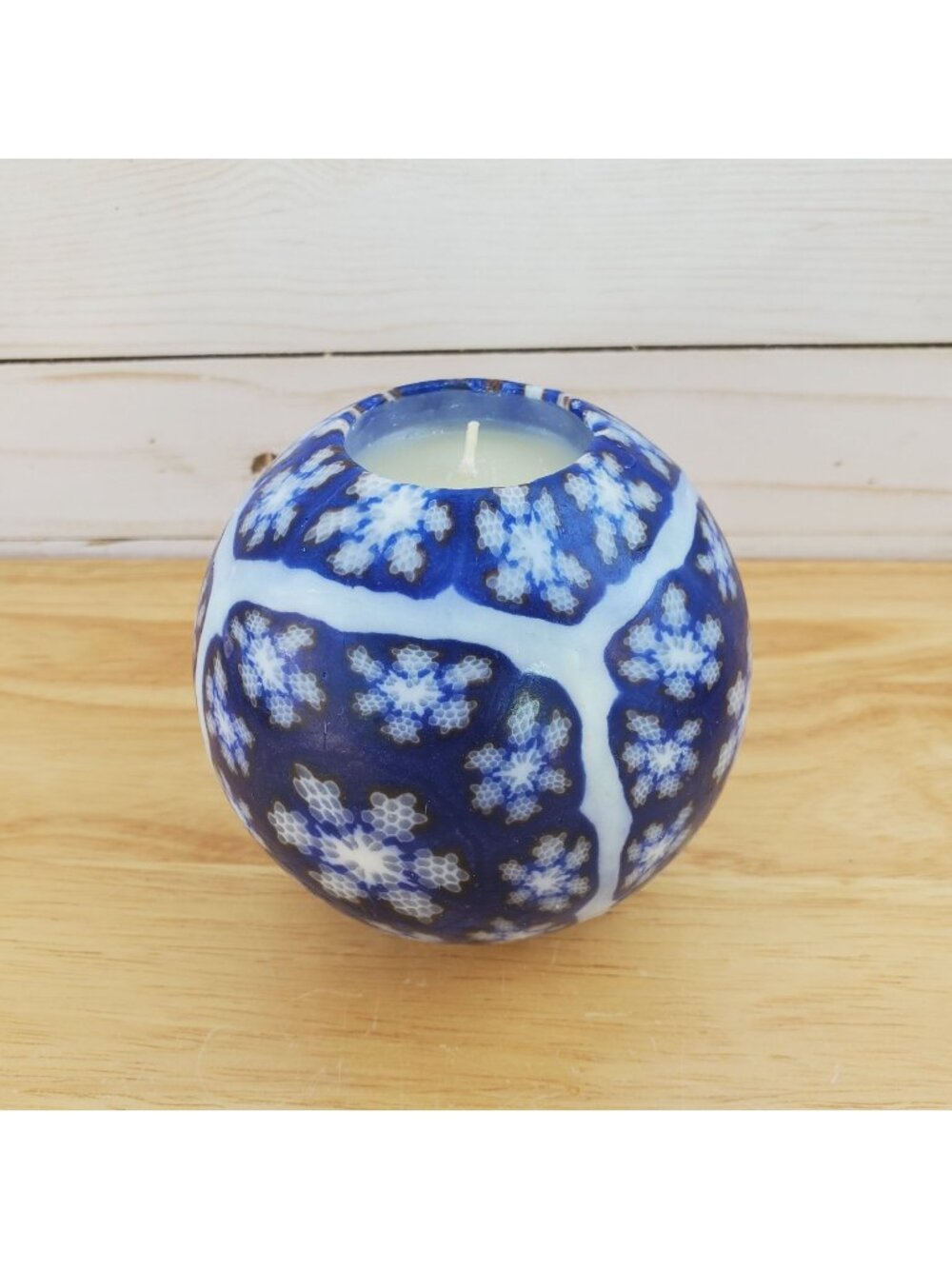 Vintage 1990s Handcrafted Ball Candle Mosaic Snowflake Design Blue And White